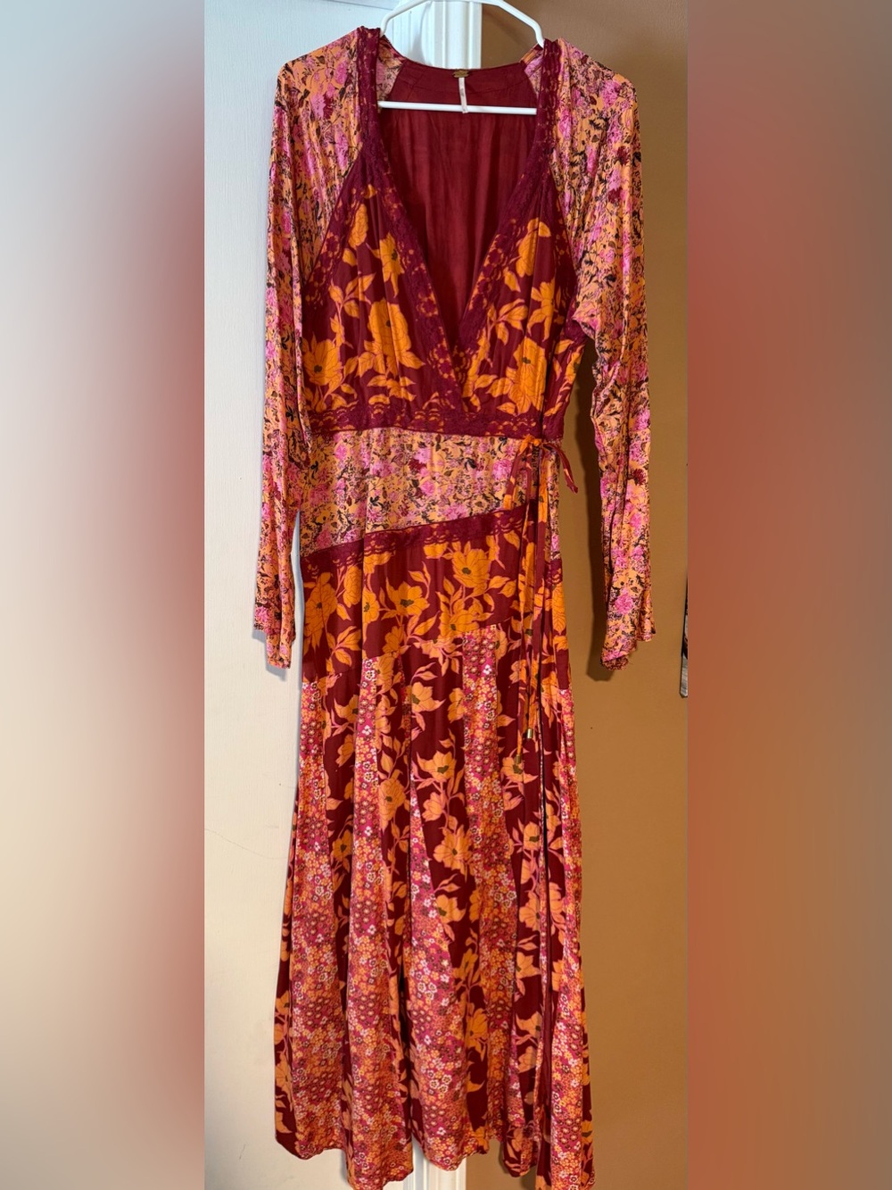 Free People Burgundy Floral Wrap Maxi Dress with Orange and Pink Accents